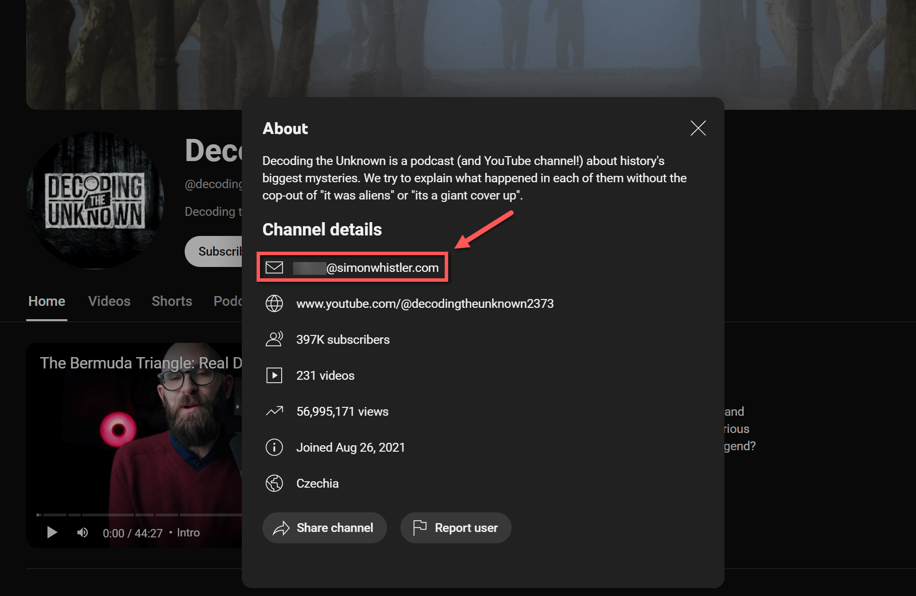 Where to find public email on YouTube channel